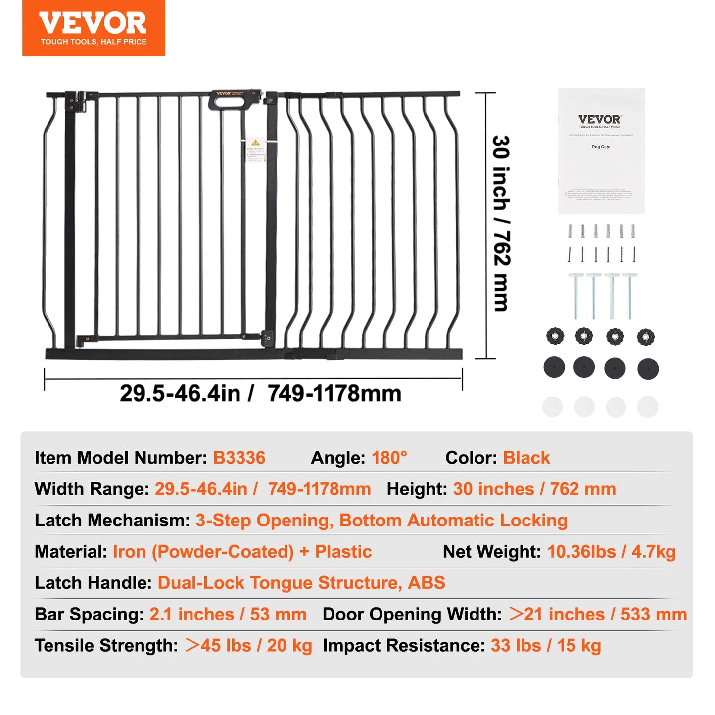 VEVOR Baby Gate 28/30/36 Inches High Dog Gate Easy Step Walk Thru Child Pet Security Pressure Mount Kit Wall Cups Doorways