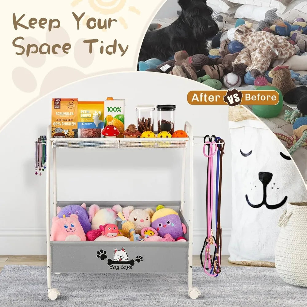 2-Tier Mobile Dog Toy Storage Basket Organizer For Living Room
