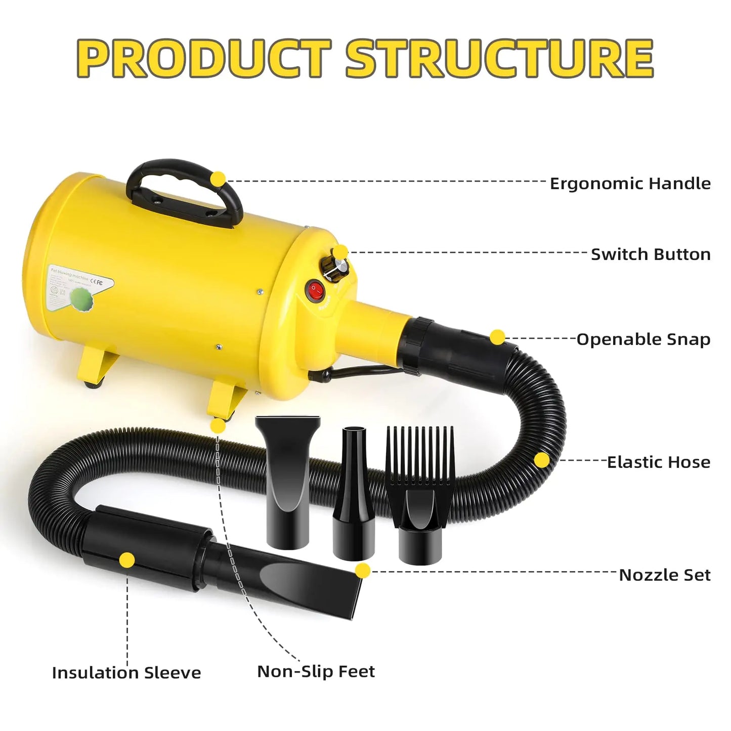 Dog Hair Dryer 3.8HP 2800W Pet Grooming Blower With Heat And Adjustable Speed