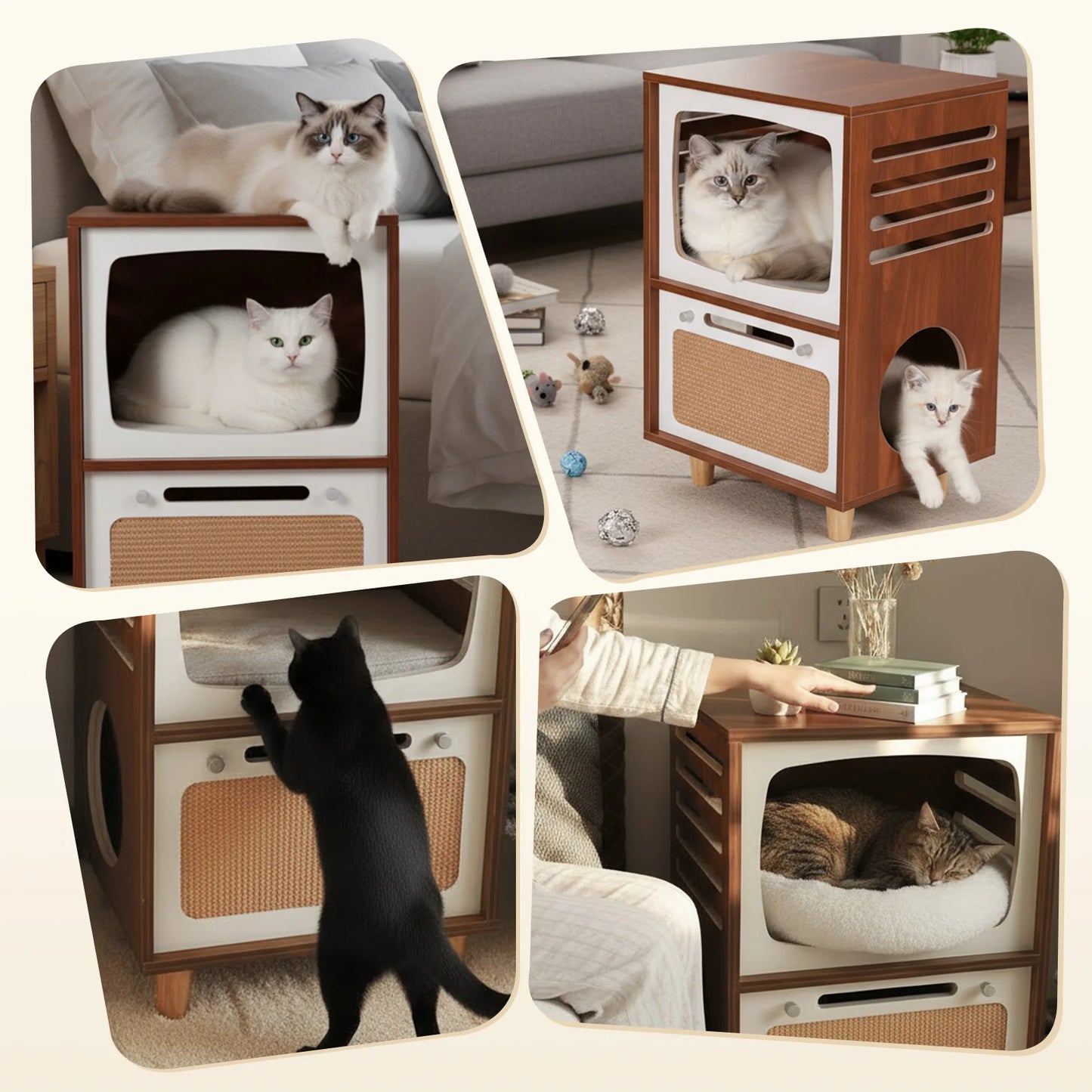 Retro TV Style Cat House With Scratching Board And Bed