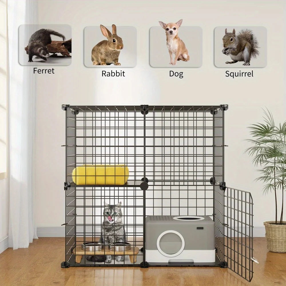 2-Tier Cat Cage, Indoor Pet Cage, Versatile DIY Pet Playpen Cat Kennel with Removable Metal Wiring, for Small Cats, Ferrets
