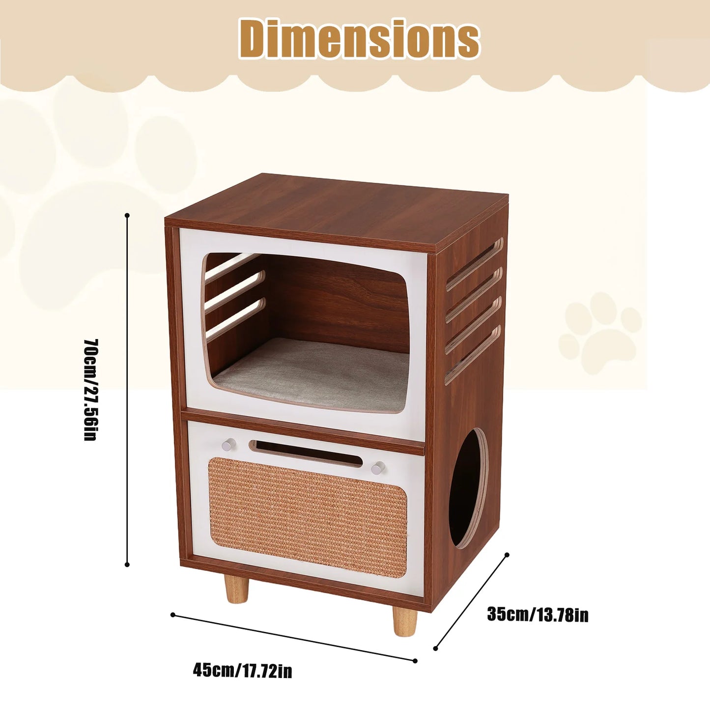 Retro TV Style Cat House With Scratching Board And Bed