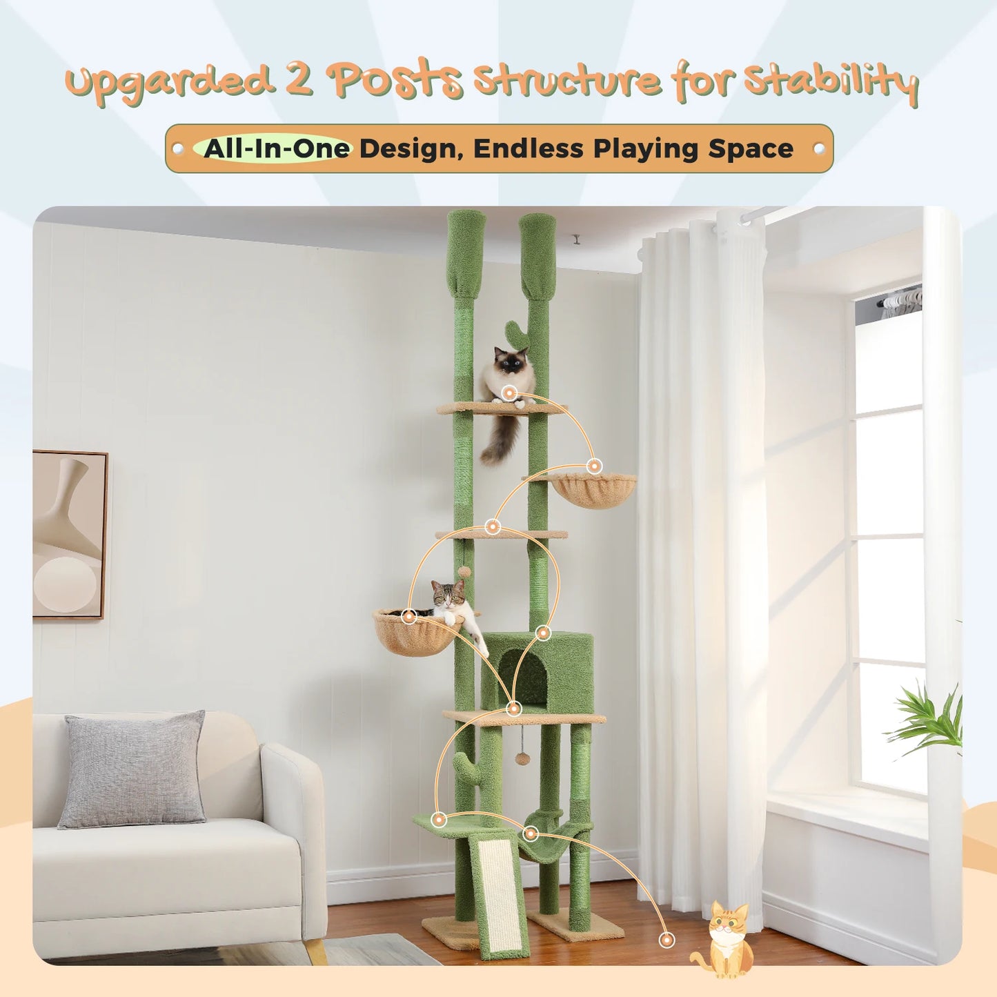 Cactus Cat Tree Tower With Cozy Hammocks And Seven Tiers
