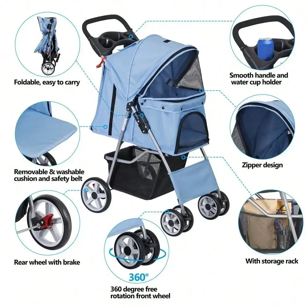 Blue 4 Wheel Foldable Pet Stroller for Cats and Dogs