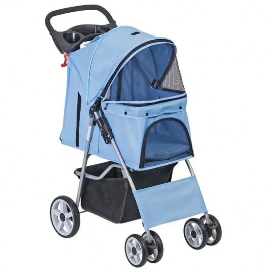Blue 4 Wheel Foldable Pet Stroller for Cats and Dogs
