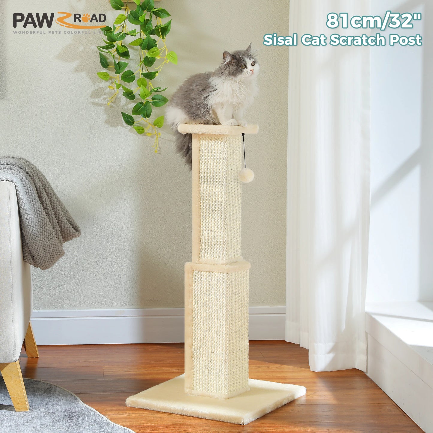 PAWZ Road Cat Scratching Post Indoor Scratcher With Sisal Dangling Ball Toy