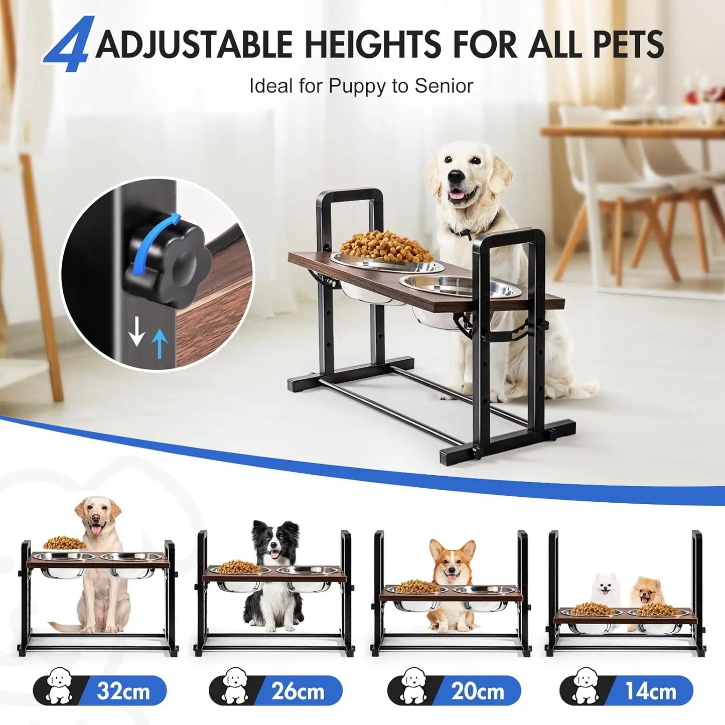 MewooFun Adjustable Wooden Dog Bowl Stand With Bowls