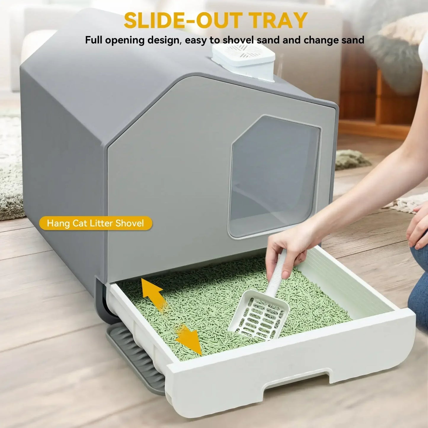 Oversized hooded cat litter box with odor control, spoon, mat, easy to clean, grey， litter box ， cat litter box