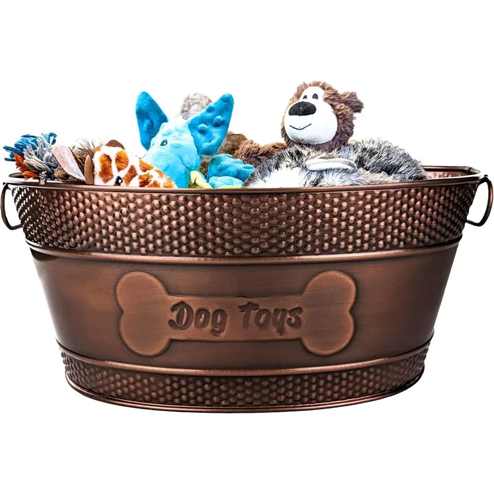 Indestructible Metal Dog Toy Bin - Copper Galvanized Storage Bin with Handles, Dog Toy Box for Dog Chew Toys