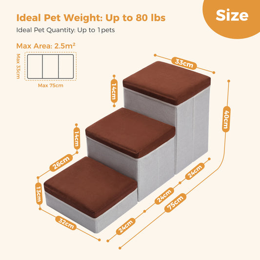 Foldable 3 Tier Dog Stairs With Adjustable Height Storage