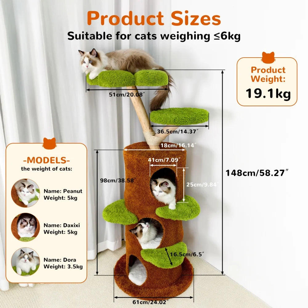 BORWARTCN Luxury Wood Cat Tree Tower With Scratching Post Bed