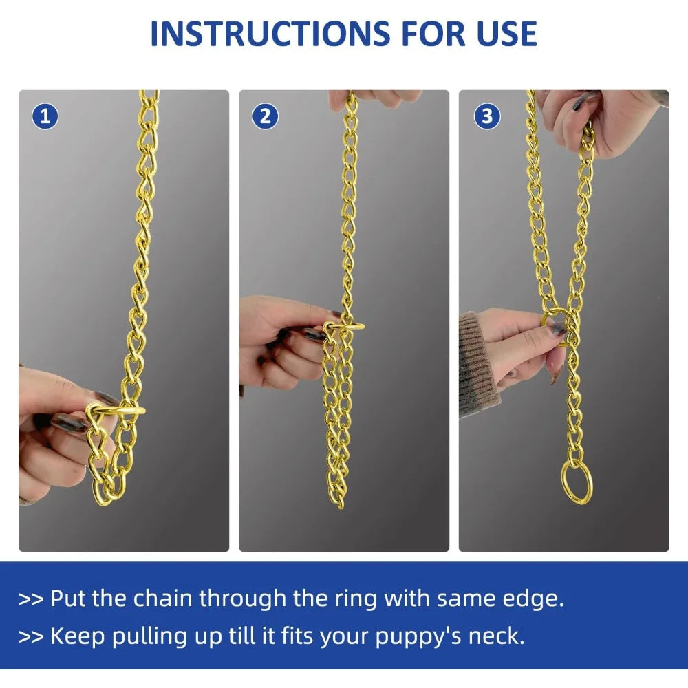 Dog Chain Collar, Metal Slip Collar, Heavy Duty Choke Collar, for Training, Control, Durable Steel Cuban Links, Avail, Gold, S