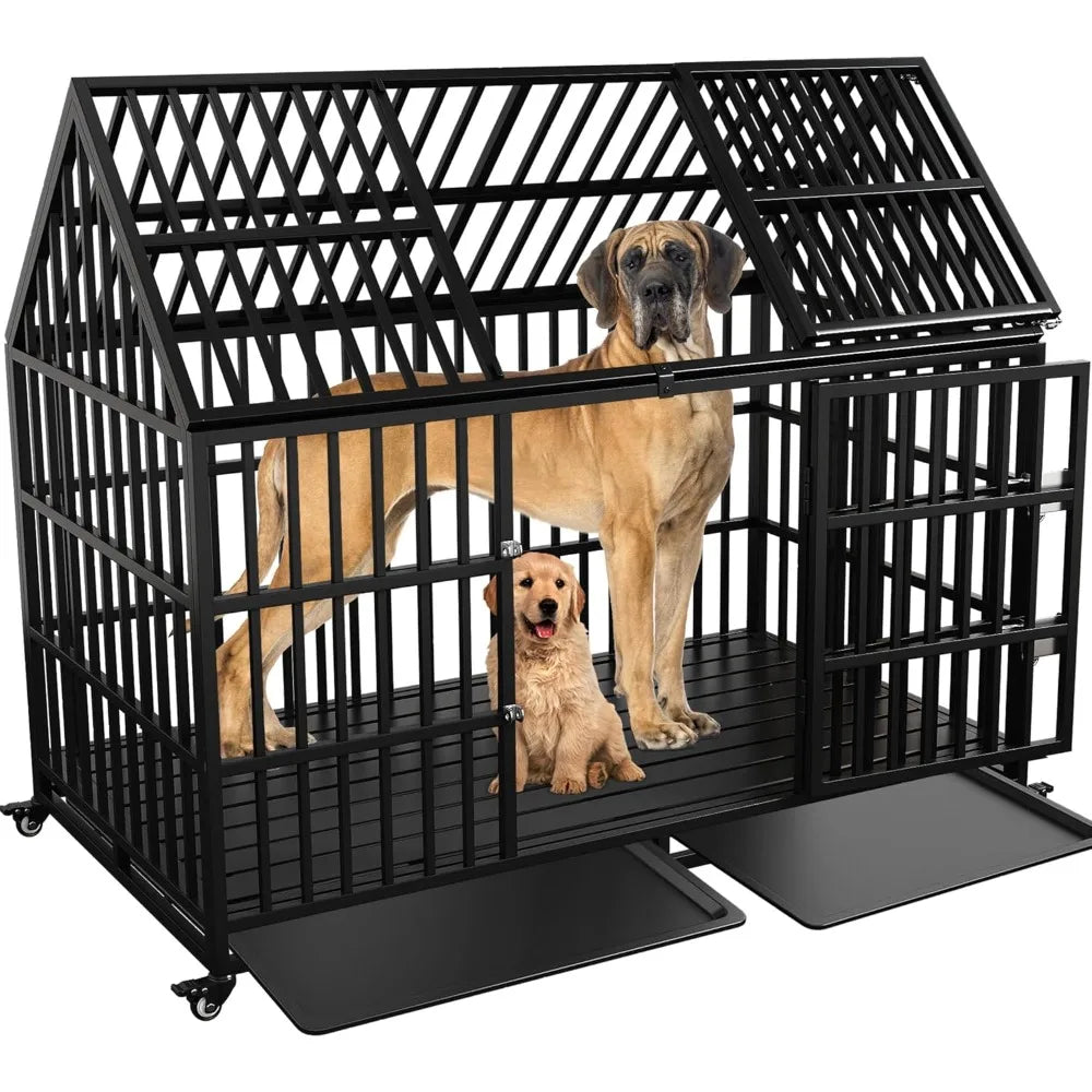 Heavy Duty Dog Crate 54 inch XL Large Pet Dog Cage Crate Kennel with Roof Top 2 Doors Removable Trays, Lockable Wheels Escape